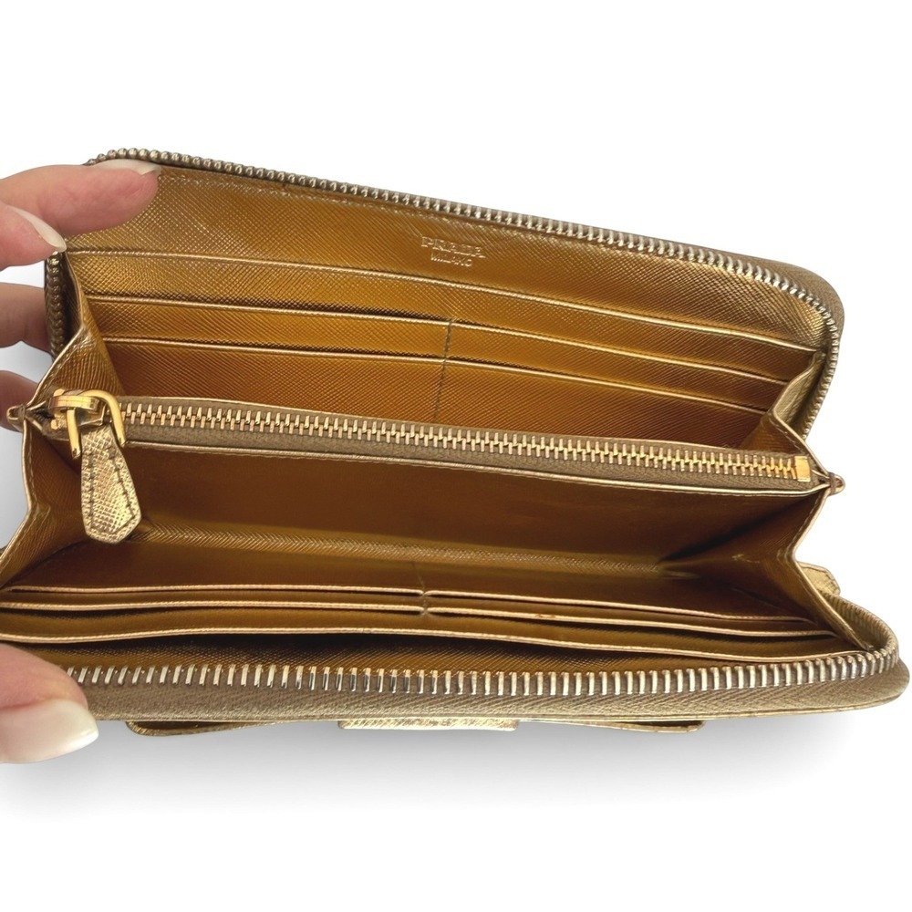 Prada Milano Metallic Gold Saffiano Zip Around Continental Wallet Leather - Picture 7 of 10